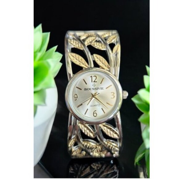 BOUSSIVIE Goldtone Leaf Ladies Hinged Clamper Quartz Cuff Bracelet Watch - Picture 1 of 6